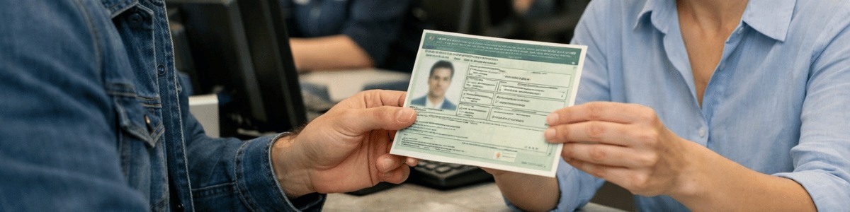Uma pessoa recebe uma certidão relacionada à CNH no balcão de atendimento de uma agência do Detran, enquanto um atendente entrega o documento. A cena mostra um ambiente institucional com iluminação natural e clima de atendimento formal, transmitindo a ideia de um serviço público de documentação sendo concluído.