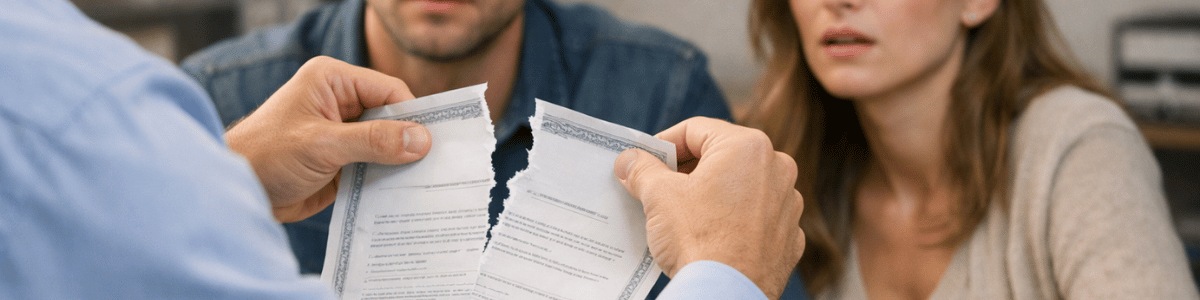 Um funcionário de cartório aparece rasgando uma certidão em frente a um casal, que observa a situação com expressões de surpresa e preocupação. A cena ocorre dentro de um ambiente de cartório, com iluminação natural e enquadramento em plano médio, transmitindo um momento tenso e curioso relacionado a documentos oficiais.