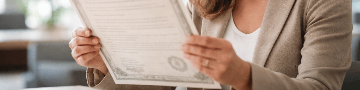 Pessoa observando uma certidão com atenção em ambiente interno bem iluminado, em uma cena realista e institucional que transmite curiosidade e análise de documento.
