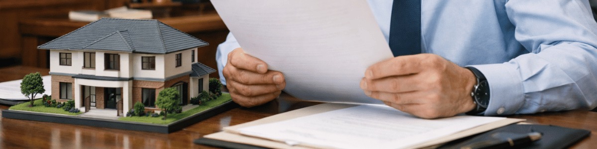 quanto custa uma escritura de posse Funcionário de cartório sentado à mesa analisando um documento com atenção, em um ambiente institucional organizado. Sobre a mesa, uma maquete detalhada de um imóvel reforça o contexto imobiliário, com iluminação suave e enquadramento em plano médio que transmite profissionalismo e credibilidade.