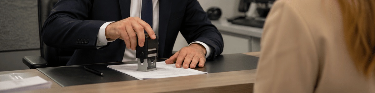 Funcionário de cartório autentica um documento diante do cliente em ambiente institucional moderno, com iluminação suave, postura profissional e foco nos detalhes do atendimento oficial.