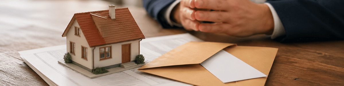 Uma maquete de casa repousa sobre a escritura em uma mesa de madeira, com um envelope de carta apoiado ao lado, criando uma composição realista e institucional que remete a processos imobiliários, documentação e transferência de propriedade