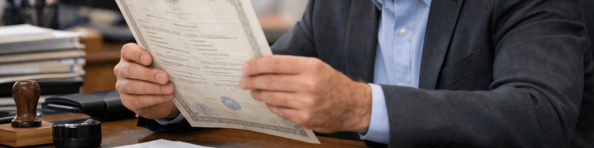 certidão de escritura Funcionário de cartório, em ambiente profissional, analisa atentamente uma certidão segurando o documento com as duas mãos, em uma mesa organizada. A cena é realista, com iluminação suave, fundo desfocado de escritório e enquadramento em plano médio com ângulo levemente lateral.