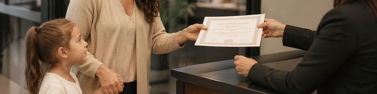 Uma mãe segura a mão da filha enquanto recebe uma certidão de uma atendente em um balcão de cartório. A cena transmite acolhimento e confiança, com iluminação suave e ambiente profissional ao fundo.