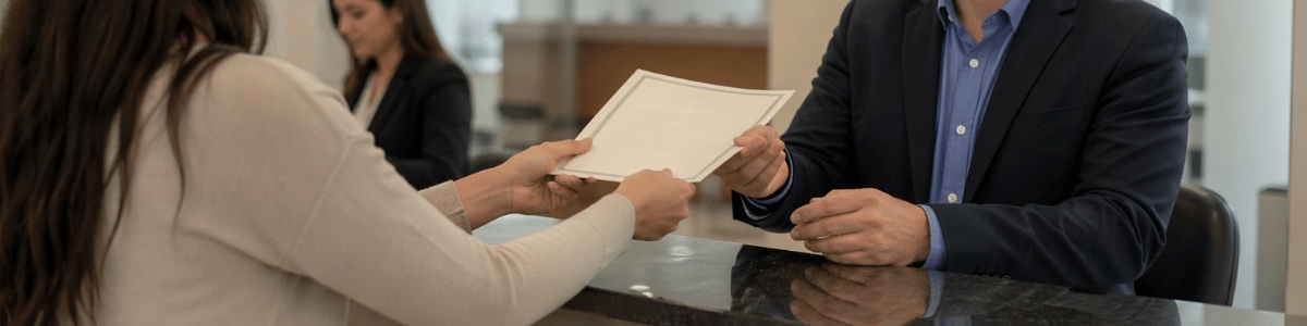 Pessoa sendo atendida em um balcão de cartório, recebendo uma certidão das mãos de um funcionário, em ambiente interno moderno, com iluminação suave e expressão cordial entre ambos.