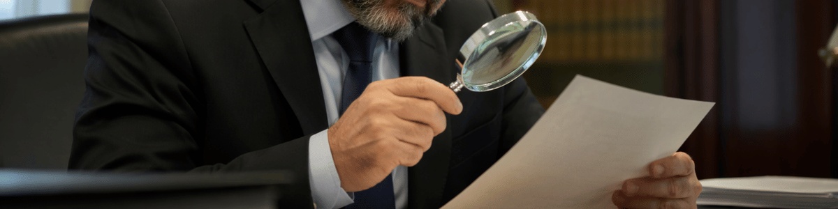 Funcionário de cartório analisando atentamente um documento com uma lupa sobre a mesa, em ambiente institucional organizado e bem iluminado. Cena realista, com foco nos detalhes das mãos, expressão séria e elementos típicos de cartório ao fundo, sem textos visíveis.