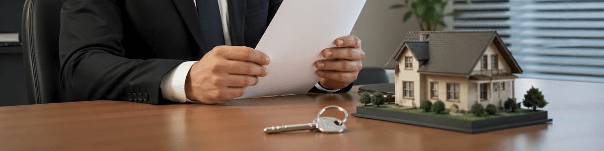 Funcionário de cartório em ambiente institucional analisando um documento, com maquete de casa e chave sobre a mesa, simbolizando segurança jurídica e processos de compra de imóvel.