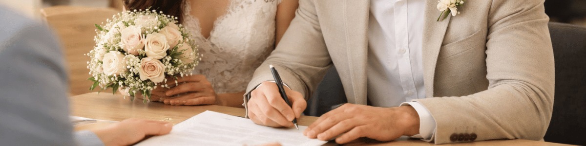 declaração de união estável tem validade legal Imagem realista de um casal oficializando o casamento em cartório, com o noivo assinando documentos enquanto a noiva observa sorridente, em um ambiente institucional bem iluminado e com clima acolhedor.