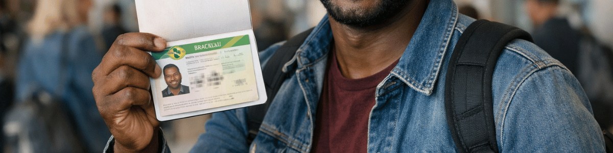 Homem haitiano sorridente exibindo seu visto brasileiro dentro de um aeroporto, em ambiente moderno e iluminado, com expressão de felicidade e enquadramento realista em plano médio.