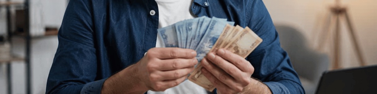 Pessoa contando um leque de notas de 100 e 200 reais em um ambiente interno, com expressão concentrada, iluminação suave e enquadramento lateral em plano médio.