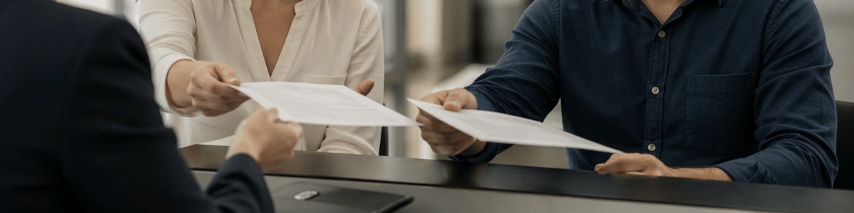 Casal divorciado em um cartório recebendo documentos separados de uma atendente, em ambiente institucional moderno, com expressões sérias e iluminação suave.