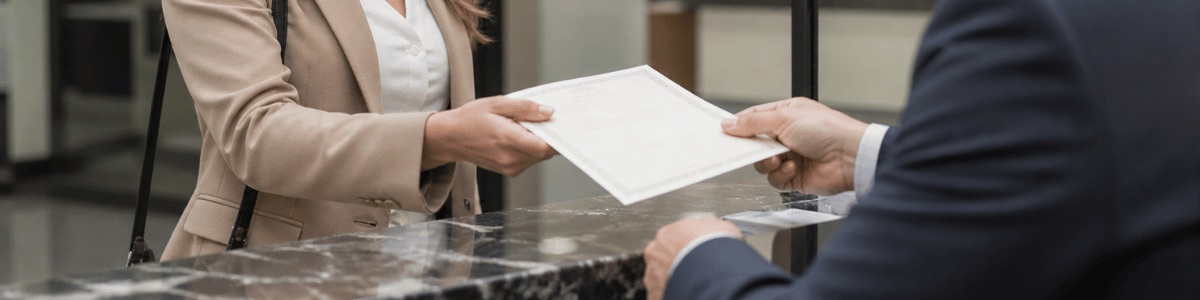 Uma pessoa recebe uma certidão em um balcão de cartório, com um atendente do outro lado entregando o documento. O ambiente é organizado e profissional, com iluminação suave e foco na interação entre as mãos e as expressões naturais.