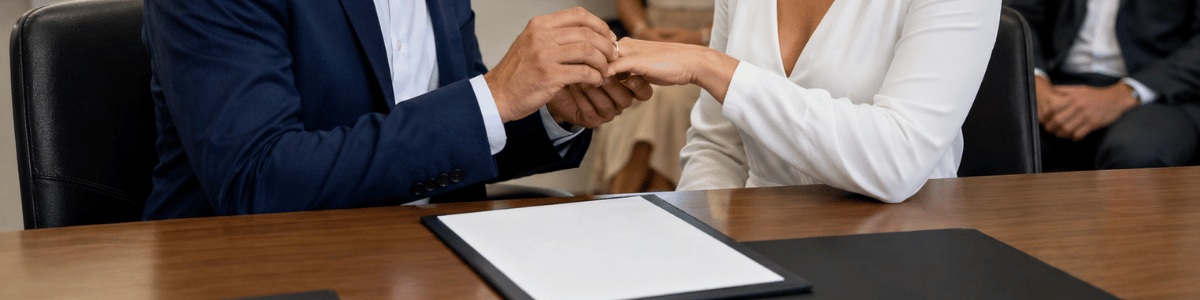 Homem colocando aliança na esposa durante uma cerimônia em cartório, com um contrato sobre a mesa, transmitindo um momento formal, afetivo e decisivo.