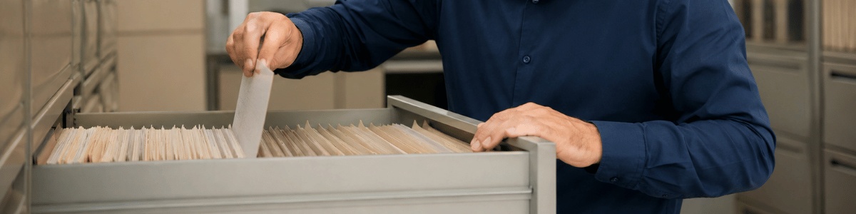 como descobrir qual cartório foi registrado o óbito Funcionário de cartório procurando atentamente um documento em um arquivo, em ambiente institucional organizado e com iluminação suave