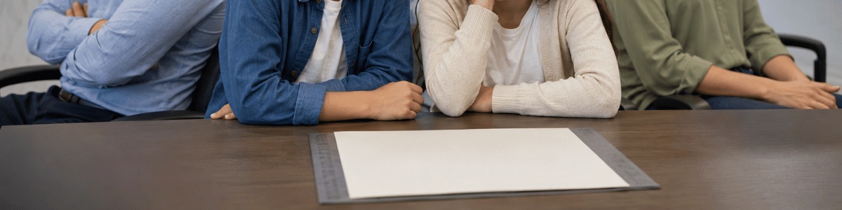 Casal separado em cartório, sentado ao fundo em clima de distanciamento, enquanto os filhos aparecem à frente diante de uma mesa com uma certidão, transmitindo um contexto familiar e documental.