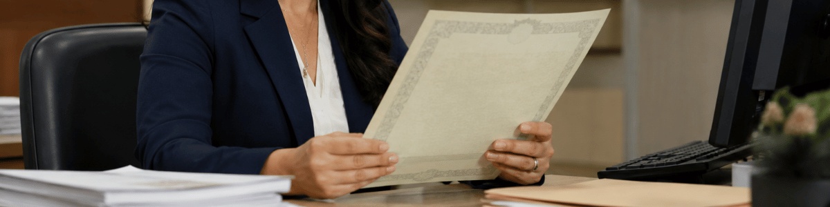 Funcionária de cartório conferindo uma certidão em sua mesa de trabalho, em um ambiente profissional e discreto.