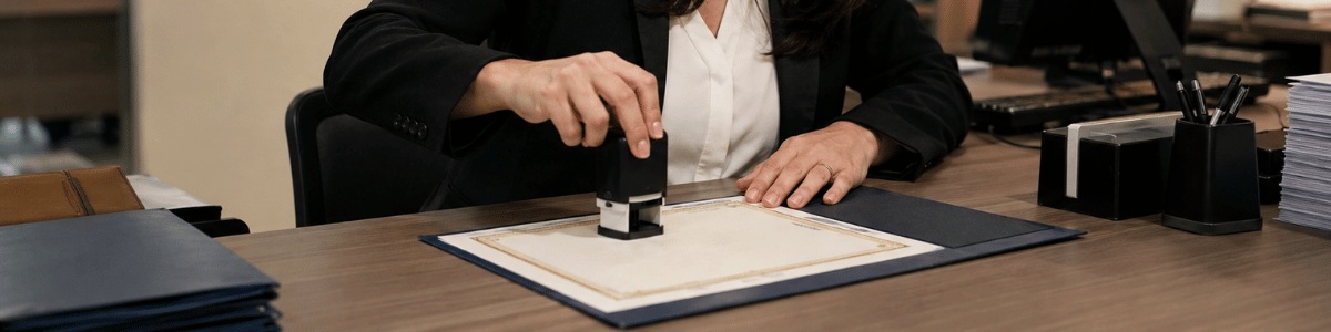 Funcionária de cartório carimbando uma certidão em ambiente profissional, com iluminação suave e composição realista que transmite confiança, formalidade e atenção aos detalhes