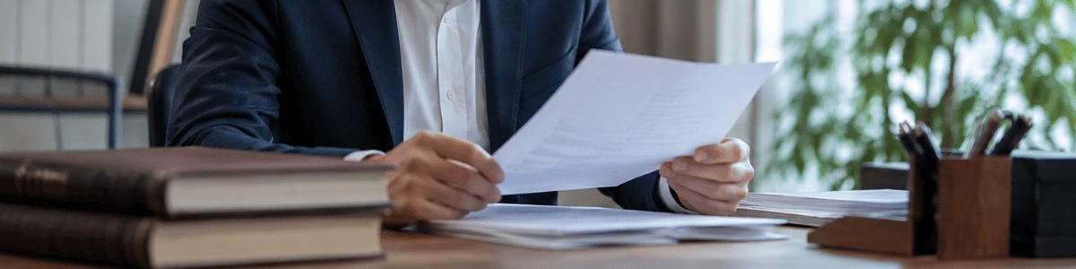 Tradutor juramentado analisando cuidadosamente um documento em sua mesa de trabalho, em um ambiente profissional com iluminação natural suave e clima institucional realista.