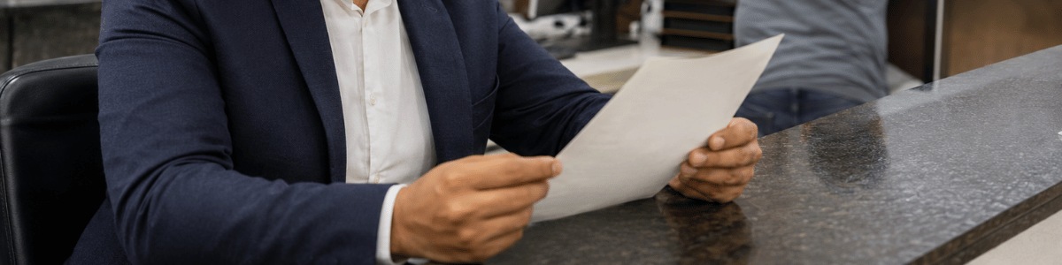 Funcionário de cartório analisando uma certidão com atenção em um ambiente institucional, com iluminação suave, cenário profissional e atendimento ao público ao fundo