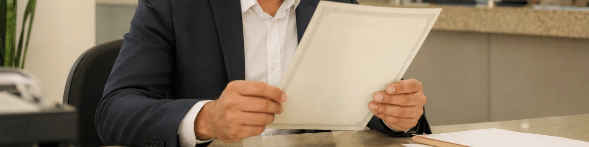 Funcionário de cartório analisa cuidadosamente uma certidão em uma mesa de atendimento, em ambiente institucional moderno e iluminado