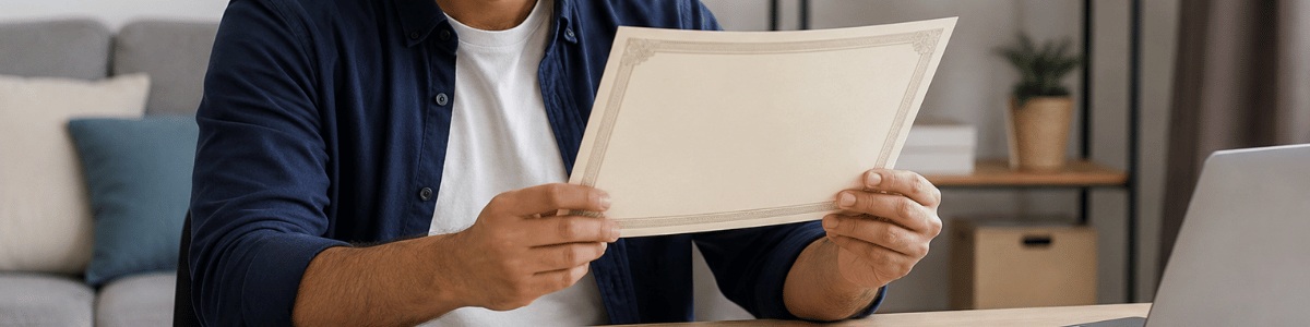 Pessoa sentada em casa analisando uma certidão em mãos, com expressão atenta e ambiente tranquilo ao fundo, transmitindo confiança e curiosidade sobre o documento.