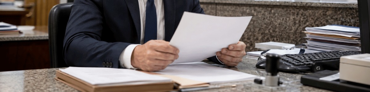 Funcionário de cartório analisando atentamente um documento em ambiente institucional, com expressão séria e profissional. A cena transmite confiança, formalidade e cuidado na conferência de informações.