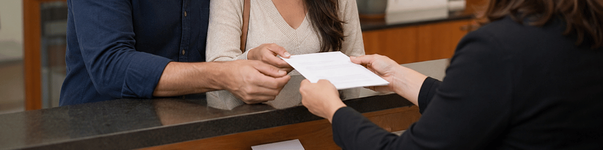 Um casal recebe um documento no balcão de atendimento de uma paróquia, em um ambiente acolhedor e institucional, com iluminação suave e expressão de expectativa no momento da entrega.
