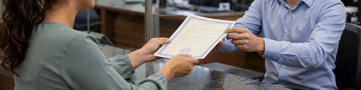 Pessoa recebendo uma certidão no balcão de um cartório, em um ambiente institucional e organizado, com atendimento cordial e iluminação natural. A cena transmite confiança, formalidade e clareza, ideal para ilustrar um conteúdo informativo sobre emissão de documentos