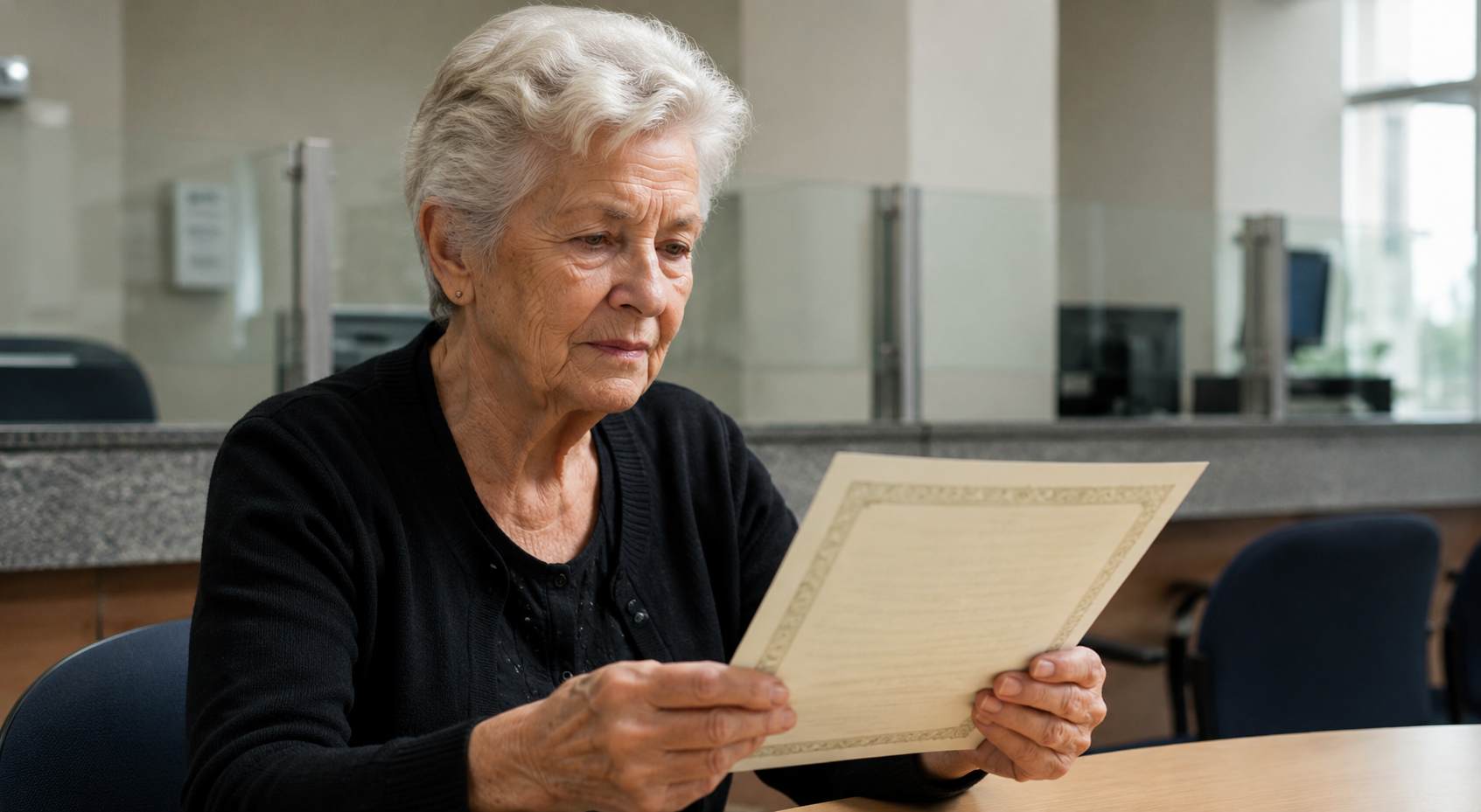 Mulher idosa viúva analisando atentamente uma certidão recebida em um cartório, com expressão séria e ambiente institucional ao fundo.