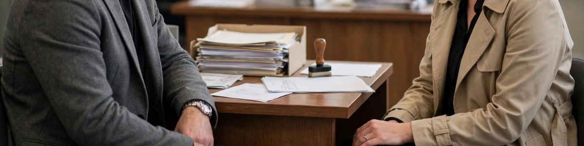 casal divorciado em atendimento no cartório, sentados separados com semblante sério, papéis e carimbo na mesa, funcionária ao fundo