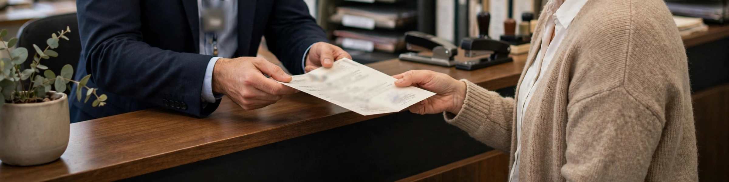 funcionário de cartório entregando certidão genérica para cliente no balcão, documento sem texto legível, ambiente organizado e realista