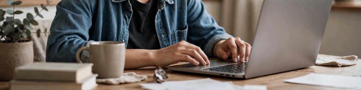 pessoa acessando notebook em casa, ambiente acolhedor com luz natural,