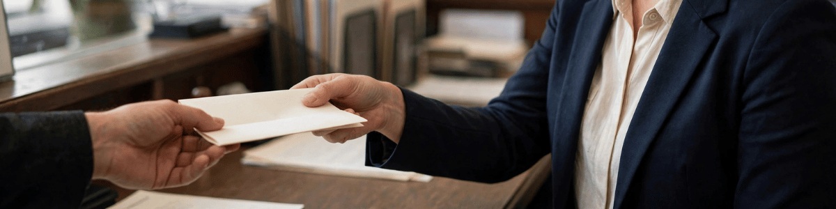 pessoa retirando certidão no cartório, em plano médio com luz natural suave e foco no realismo das mãos, expressão e ambiente institucional