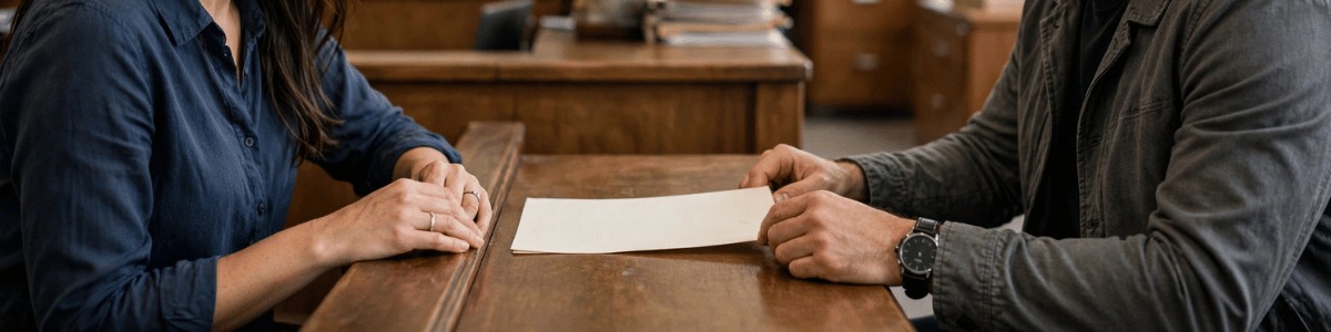 um casal separado recebendo uma certidão no cartório, em plano médio com iluminação natural suave