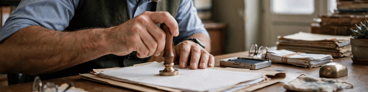 onde fazer averbação de óbito na certidão de casamento funcionário de cartório carimbando documento, com foco nas mãos, luz natural suave e plano médio lateral