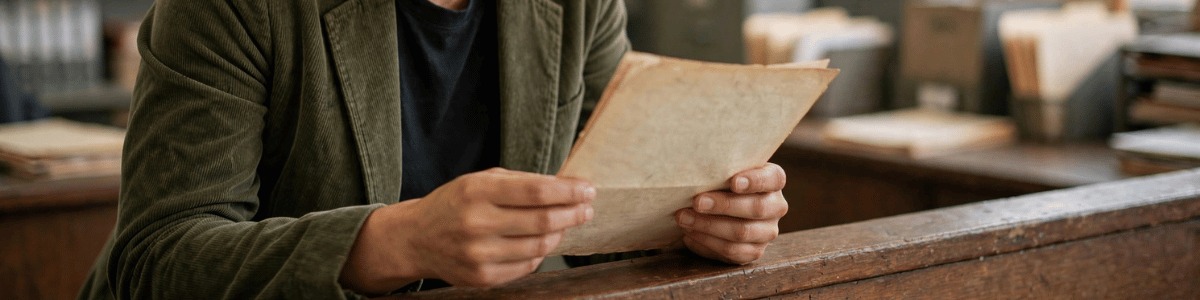 pessoa concentrada buscando informação em certidão, ambiente de arquivo/cartório, luz natural suave e plano médio
