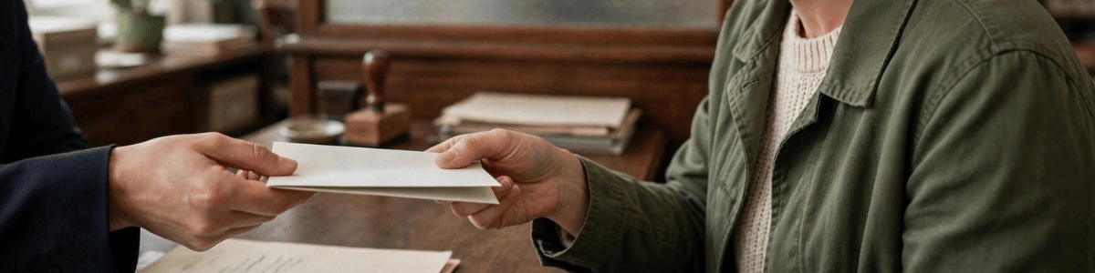 pessoa retirando certidão no cartório, momento da entrega do documento no balcão com funcionário