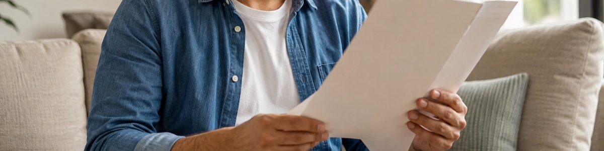 Homem sentado em uma sala iluminada naturalmente, analisando atentamente a escritura de sua casa, em um ambiente doméstico moderno e acolhedor