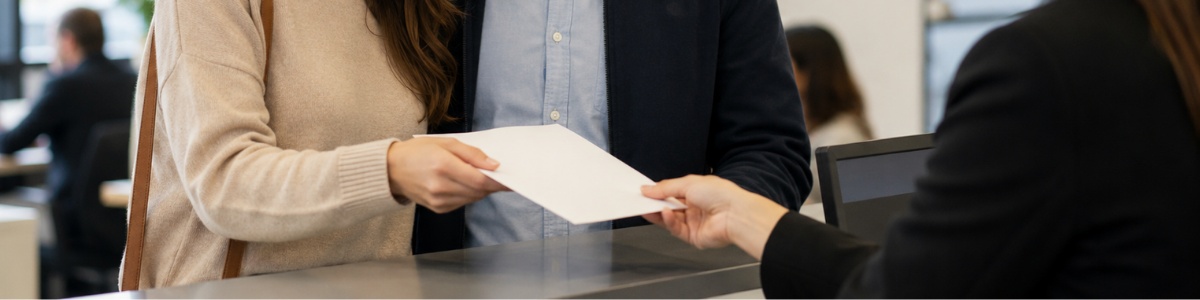 Um casal recebe um documento em um balcão de atendimento, em ambiente institucional, com expressão atenta e natural. A cena transmite confiança, formalidade e a sensação de conclusão de um procedimento