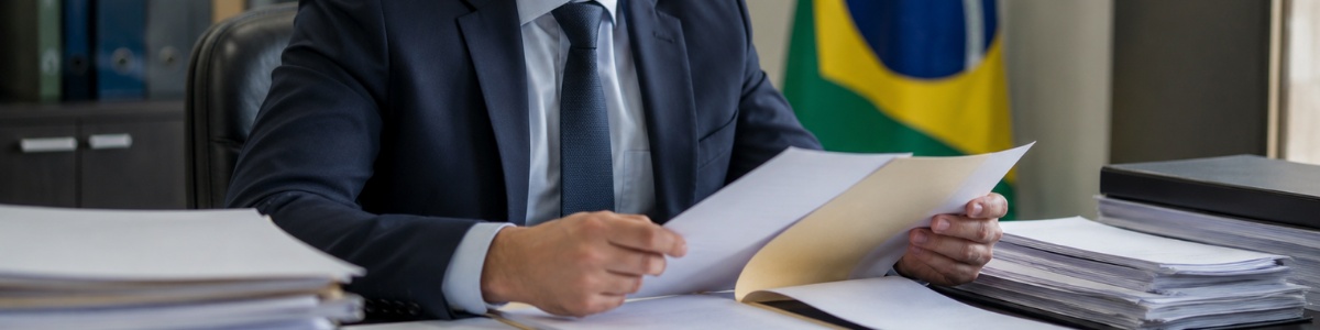 Funcionário em ambiente consular analisando documentos sobre a mesa, com expressão concentrada e a bandeira do Brasil ao fundo. A cena transmite seriedade, organização e contexto institucional