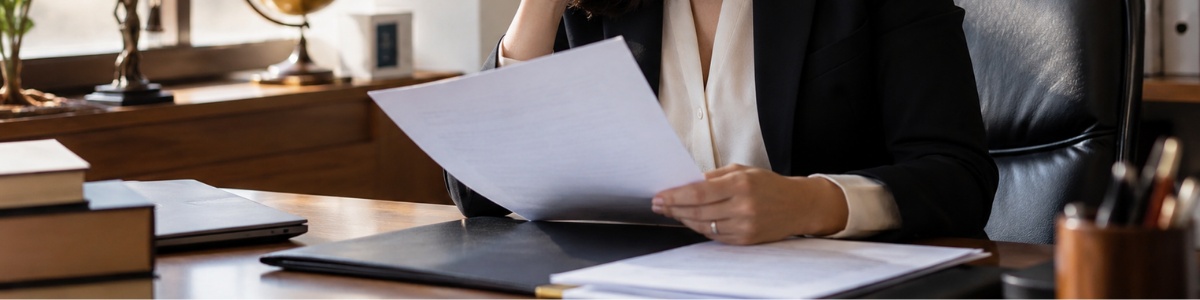 documento traduzido e juramentado Tradutora juramentada analisando atentamente um documento em seu escritório, em ambiente profissional, organizado e com iluminação natural suave