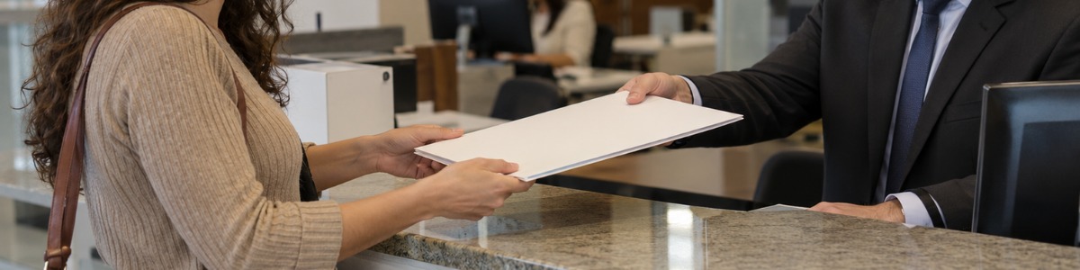 escritura pública de confissão de dívida Mulher recebendo um documento das mãos de um funcionário do cartório, em um ambiente profissional e acolhedor.