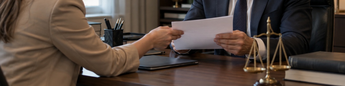 procuração para representar herdeiro em inventário judicial Uma mulher entrega um documento a um advogado, que o analisa atentamente em seu escritório, durante uma consulta jurídica