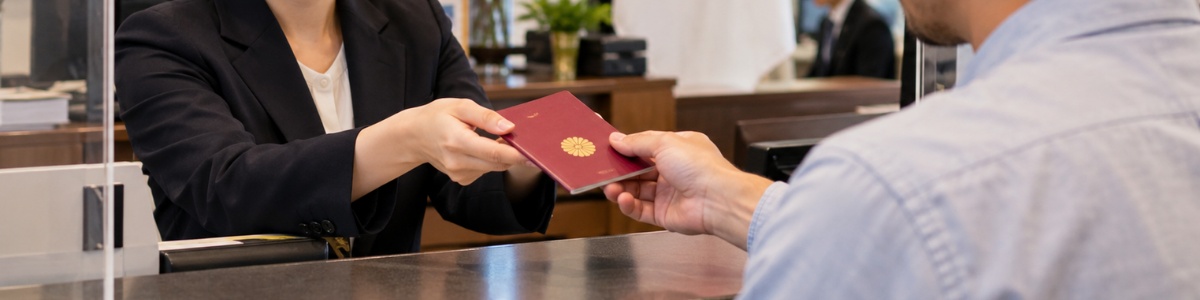 Uma pessoa recebe um passaporte japonês no atendimento de um consulado, em um ambiente institucional elegante, com a bandeira do Japão ao fundo e clima profissional.