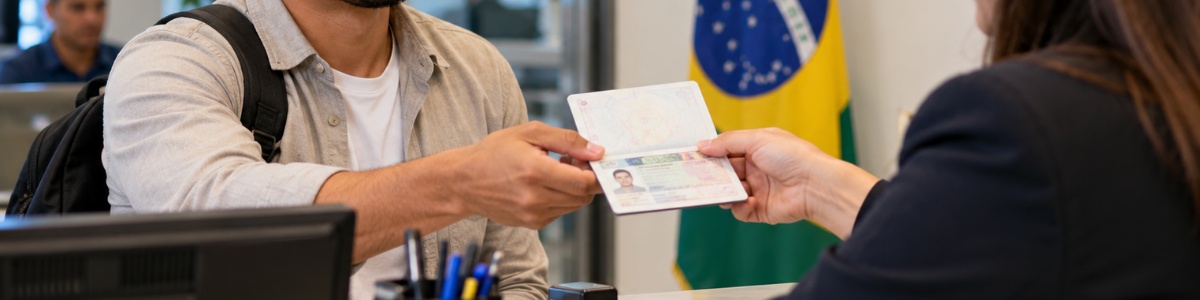 Um colombiano recebe seu visto brasileiro no consulado, em um atendimento formal e acolhedor, com a bandeira do Brasil ao fundo.