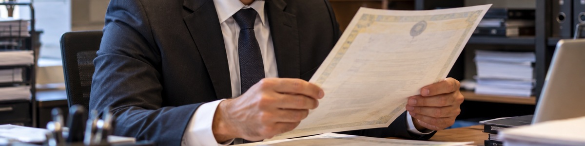 Funcionário de cartório analisando uma certidão em seu escritório, em um ambiente organizado e com aparência profissional