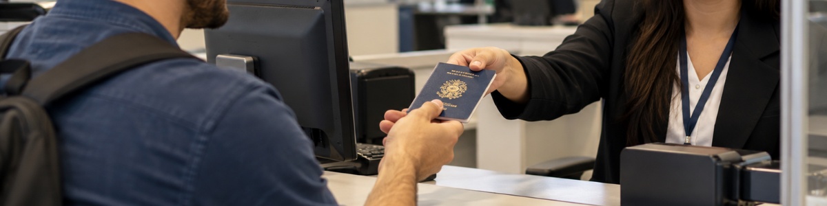 Uma pessoa retira seu passaporte brasileiro em um órgão expeditor, sendo atendida por uma funcionária em um ambiente oficial, organizado e acolhedor