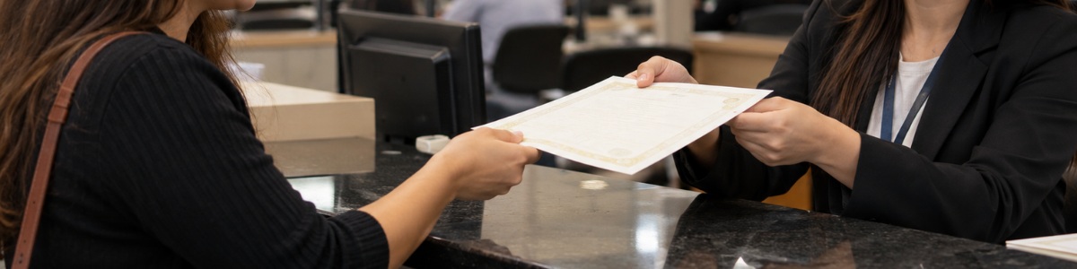 Uma pessoa recebe uma certidão no balcão de um cartório, em um ambiente profissional e acolhedor, com atendimento atencioso e iluminação suave.
