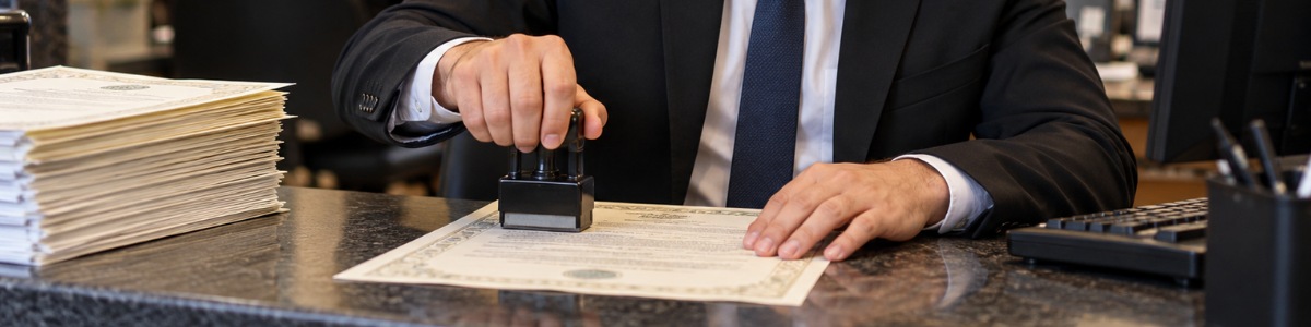 Funcionário de cartório carimbando uma certidão sobre a mesa, em um ambiente profissional, com documentos organizados e iluminação natural.